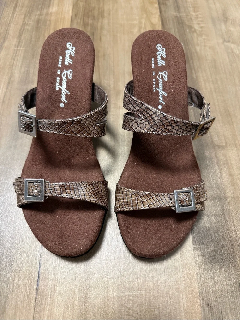 Helle Brown Snake-Print Strappy Mid-Heel Sandals